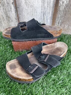 Birkenstock Arizona Black Suede Soft Foodbed Sandals Slides Women's EU38 US 7